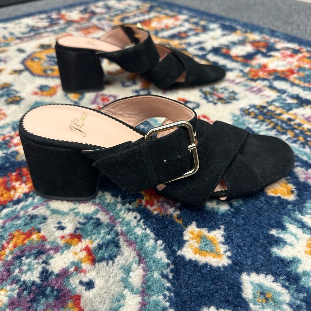 J. Crew Penny Buckle Mules Black Suede Block Heel Sandal 5 Career Preppy - Picture 5 of 7